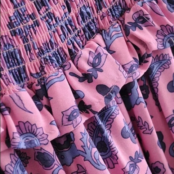 Purple Pink Floral Smocked Boho Off Shoulder Dress - Picture 8 of 8